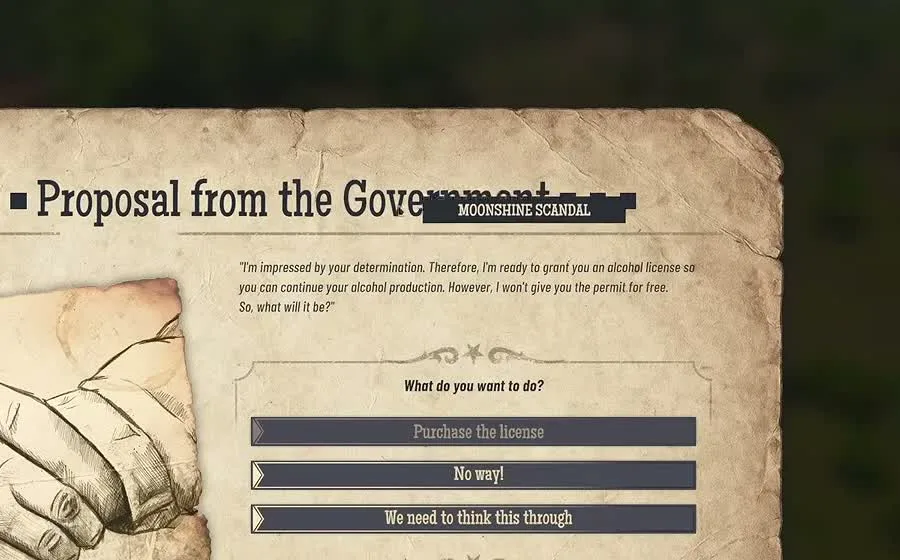 Event card titled Proposal from the Government with the options Purchase the license, No way! and We need to think this through