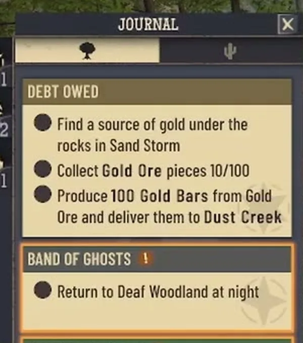 Journal showing Debt Owed and Band of Ghosts with the objective Return to Deaf Woodland at night