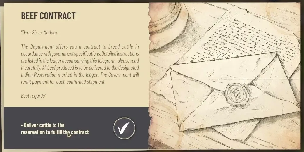 Story card titled Beef Contract with a sketched telegram and envelope, and the objective to deliver cattle to the reservation