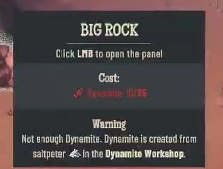 Big Rock tooltip showing a dynamite cost out of 25 and a warning that there is not enough dynamite
