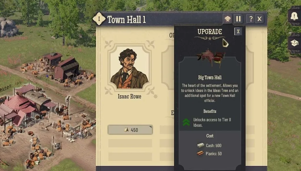 Town Hall 1 panel with the Upgrade tooltip for the Big Town Hall, costing 500 cash and 50 planks