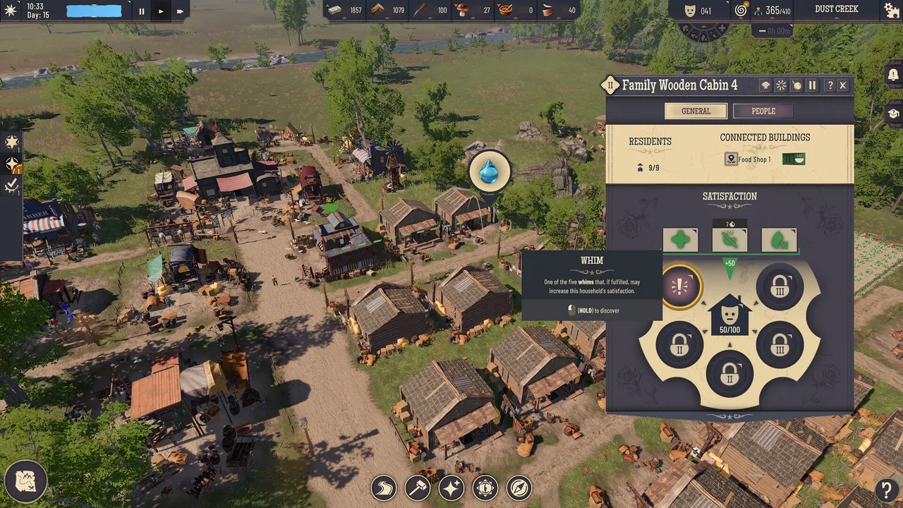 Family Wooden Cabin panel with a whim tooltip over one of five slots and a satisfaction meter