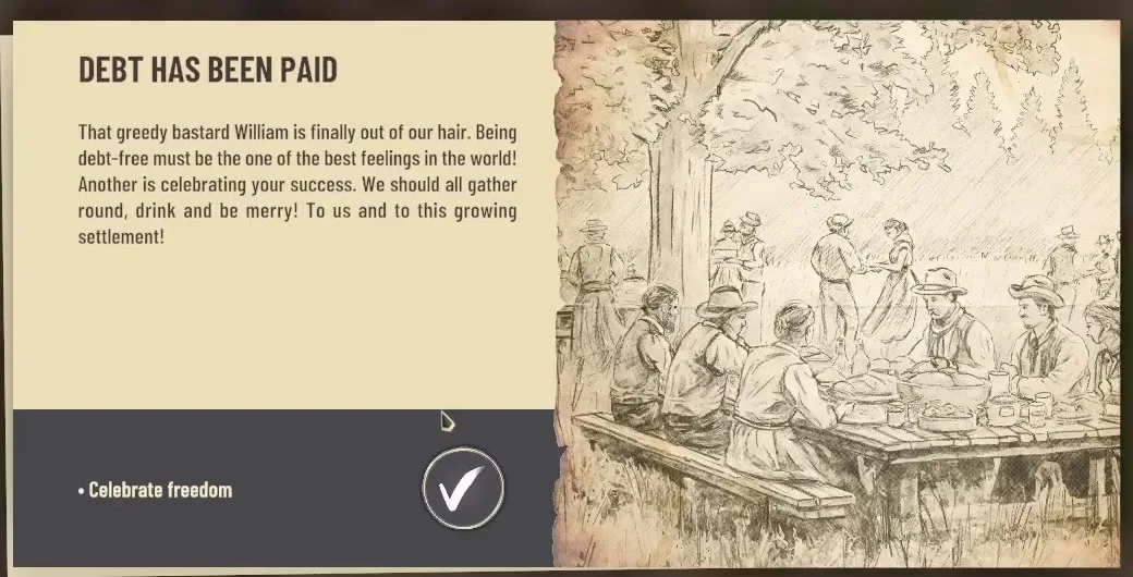 Story card titled Debt Has Been Paid, with a sketch of settlers celebrating at long tables and the objective Celebrate freedom