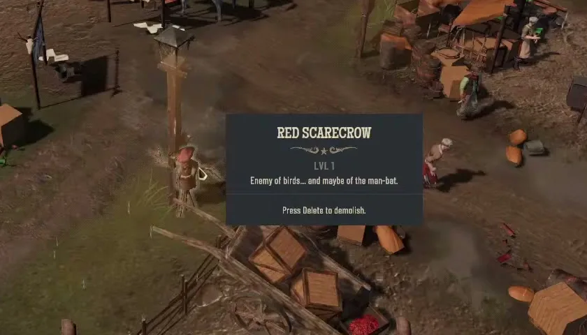 Tooltip over a Red Scarecrow decoration reading Enemy of birds... and maybe of the man-bat, and underneath Press Delete to demolish