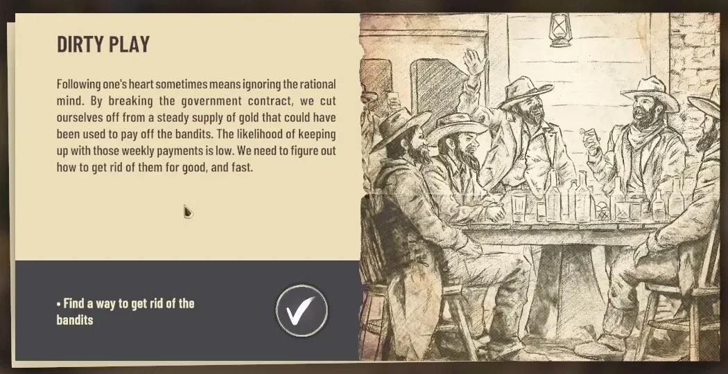 Story card titled Dirty Play about breaking the government contract, with the objective Find a way to get rid of the bandits