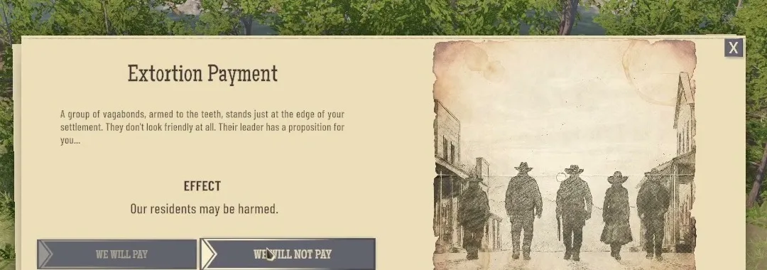 Extortion Payment card warning that residents may be harmed, with the buttons We will pay and We will not pay