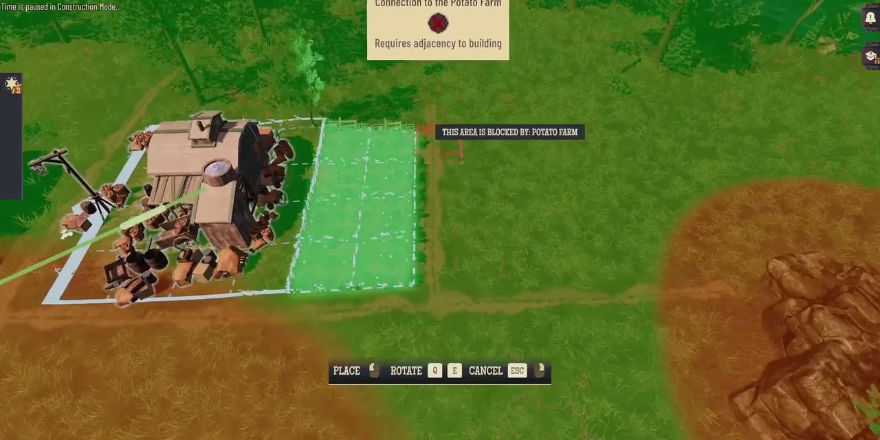 A potato field plot being placed beside the farm, with the warnings This area is blocked by: Potato Farm and Requires adjacency to building