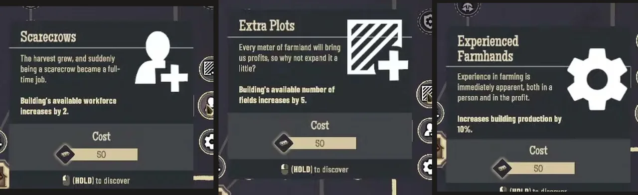 Three idea cards side by side: Scarecrows, workforce increases by 2; Extra Plots, number of fields increases by 5; Experienced Farmhands, production increases by 10 percent; each with a cost of 50
