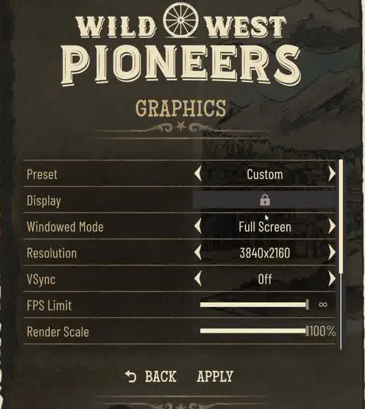 Graphics options menu listing Preset, Display, Windowed Mode, Resolution, VSync, FPS Limit and Render Scale