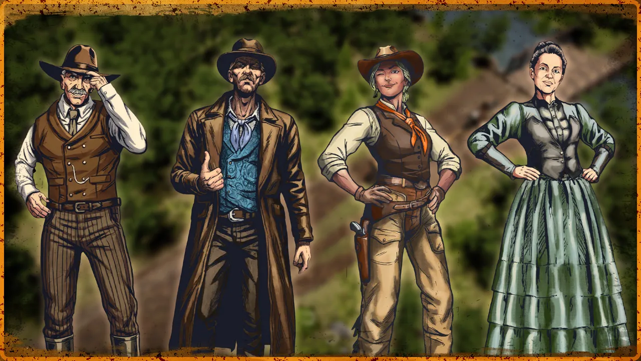 Four hand-painted, comic-style character figures standing side by side