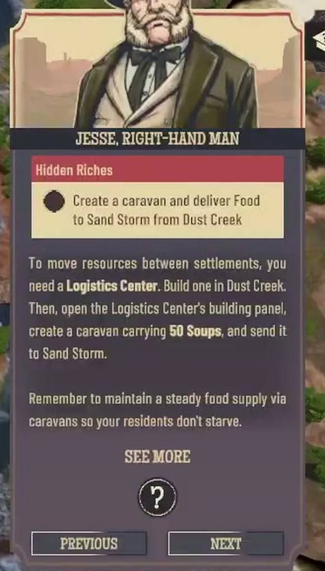Jesse's tutorial card Hidden Riches, asking you to create a caravan and deliver food to Sand Storm from Dust Creek