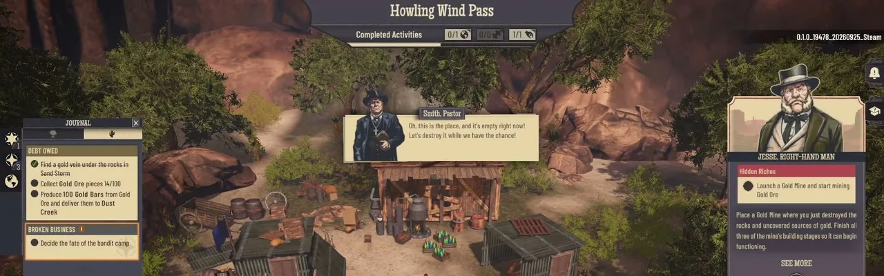 Howling Wind Pass location with Pastor Smith suggesting they destroy the empty camp, and the Journal on Broken Business