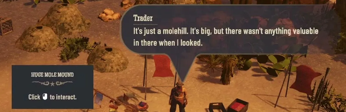 A trader beside a large mound says it is just a molehill; a label reads Huge Mole Mound, click to interact