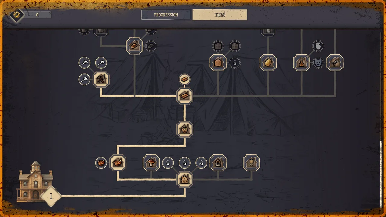 Ideas tab with a tree of building icons rising from a Town Hall marked I