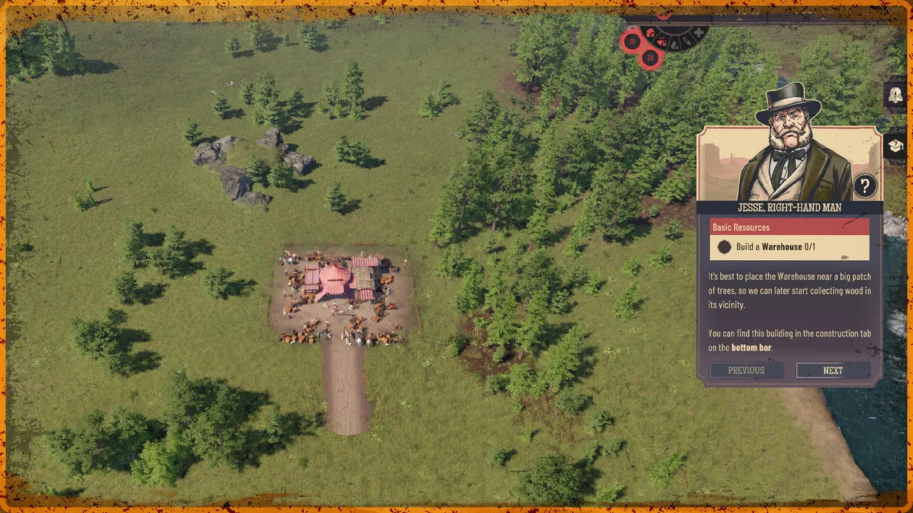 Tutorial assistant card over a small camp, showing the objective to build a warehouse