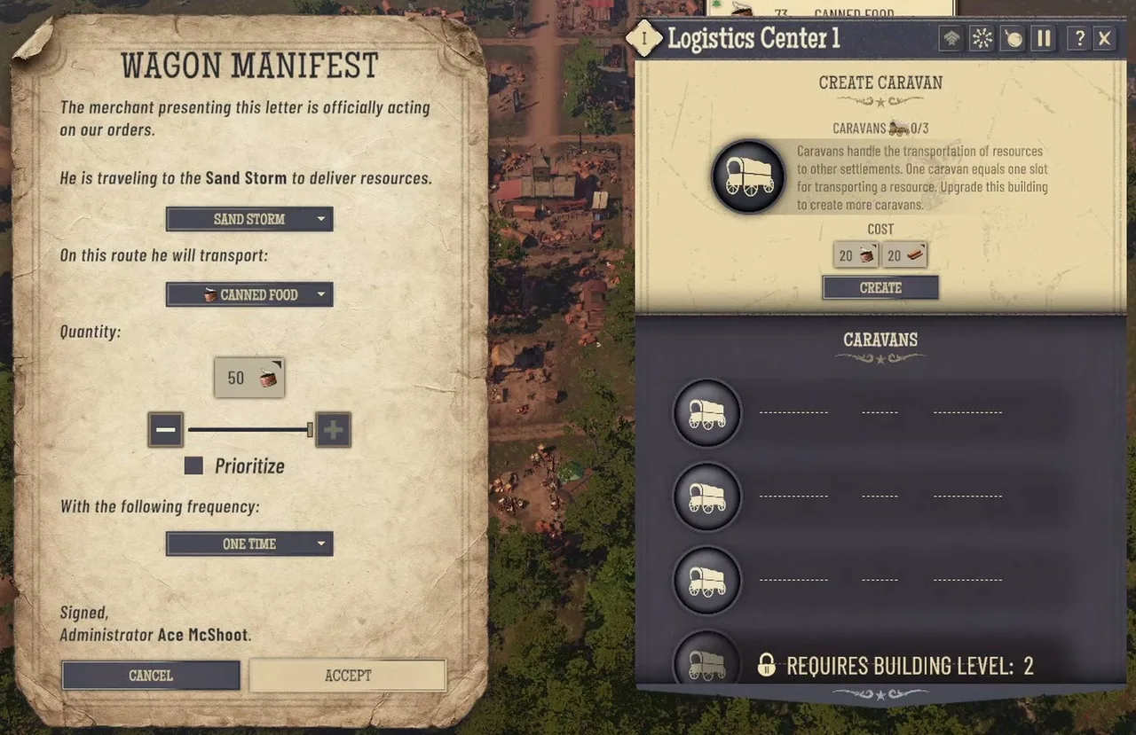 Logistics Center 1 panel showing caravans 0/3, a create cost of 20 canned food and 20 planks and a fourth slot that requires building level 2, beside a Wagon Manifest sending 50 canned food to Sand Storm with frequency One time