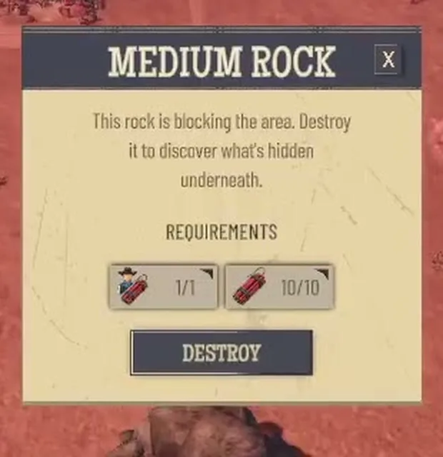 Medium Rock panel with requirements of one specialist and 10 dynamite and a Destroy button