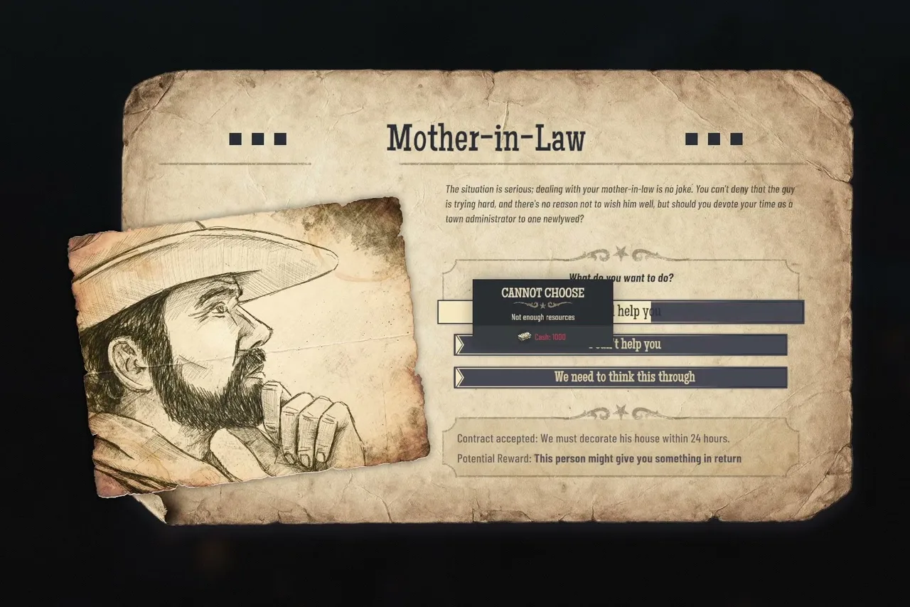 Quest card titled Mother-in-Law with three options, one marked Cannot choose, not enough resources