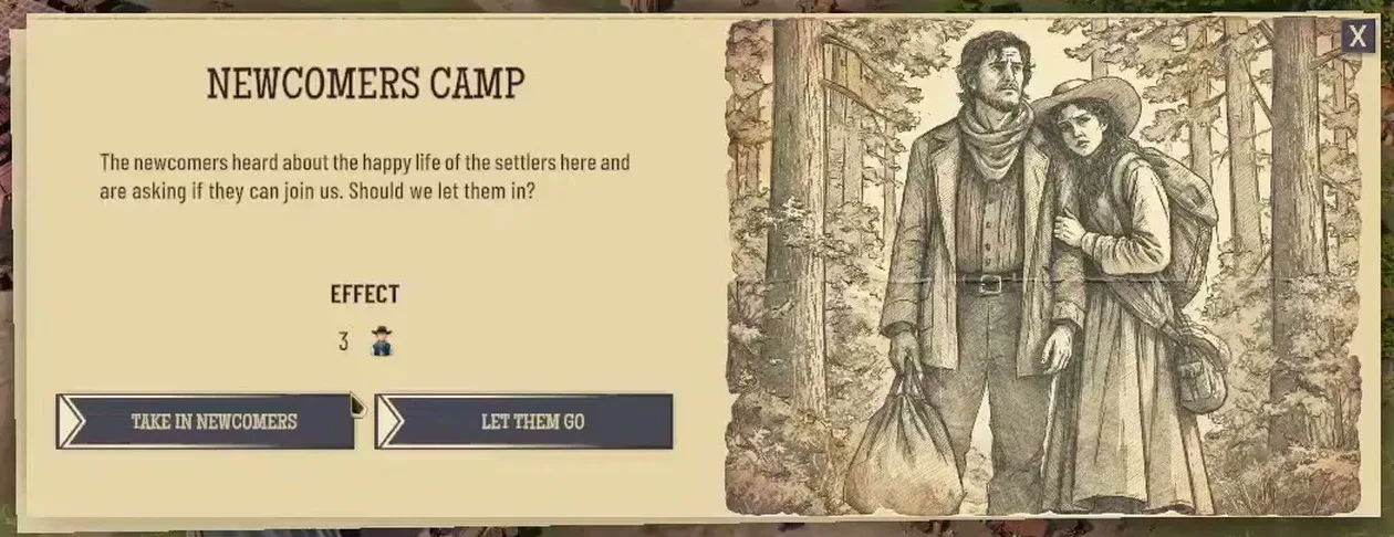 NEWCOMERS CAMP card: the newcomers heard about the happy life of the settlers and ask to join, effect 3 residents, with buttons TAKE IN NEWCOMERS and LET THEM GO beside a sketch of a man and a woman carrying bags