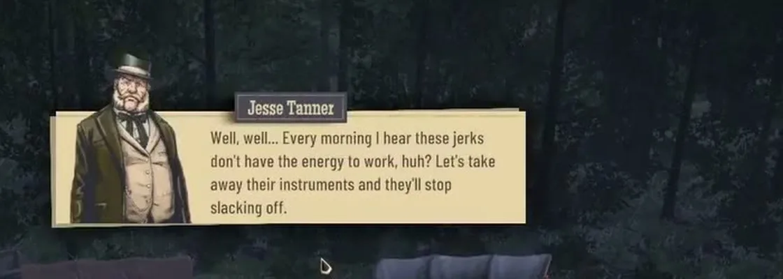 Night scene in the woods with Jesse Tanner's line about taking away the musicians' instruments