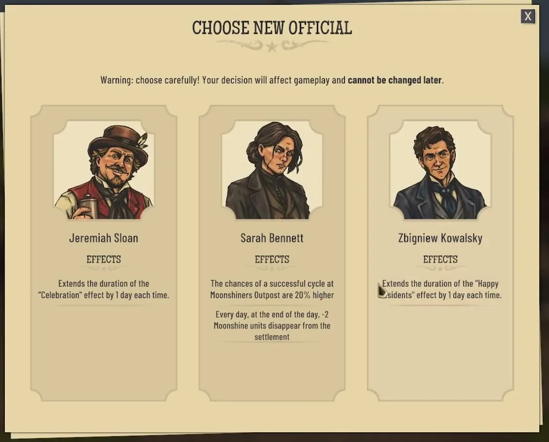 Choose New Official card with Jeremiah Sloan, Sarah Bennett and Zbigniew Kowalsky and their effects