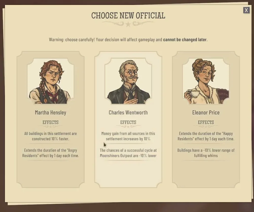 Choose New Official card with Martha Hensley, Charles Wentworth and Eleanor Price and their effects