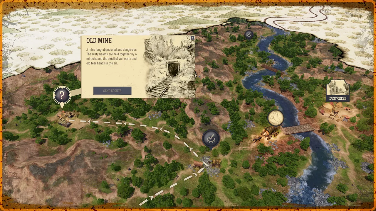 A world map with an information card titled Old Mine and a button to send scouts