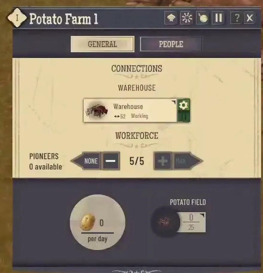 Potato Farm 1 panel with a working warehouse connection, workforce 5 of 5, potato field 0 of 25 and 0 per day