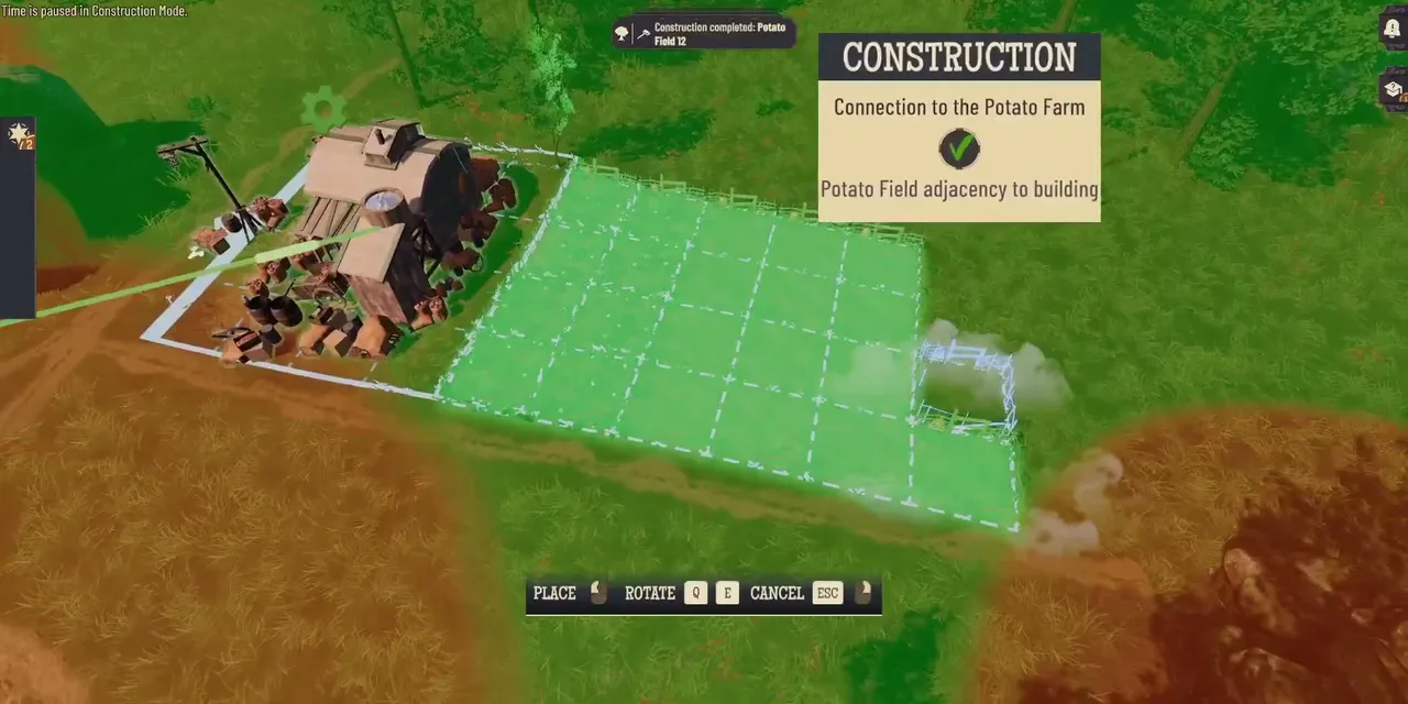 Potato Farm in construction mode with a grid of green field plots laid out beside it and a Construction panel reading Connection to the Potato Farm and Potato Field adjacency to building