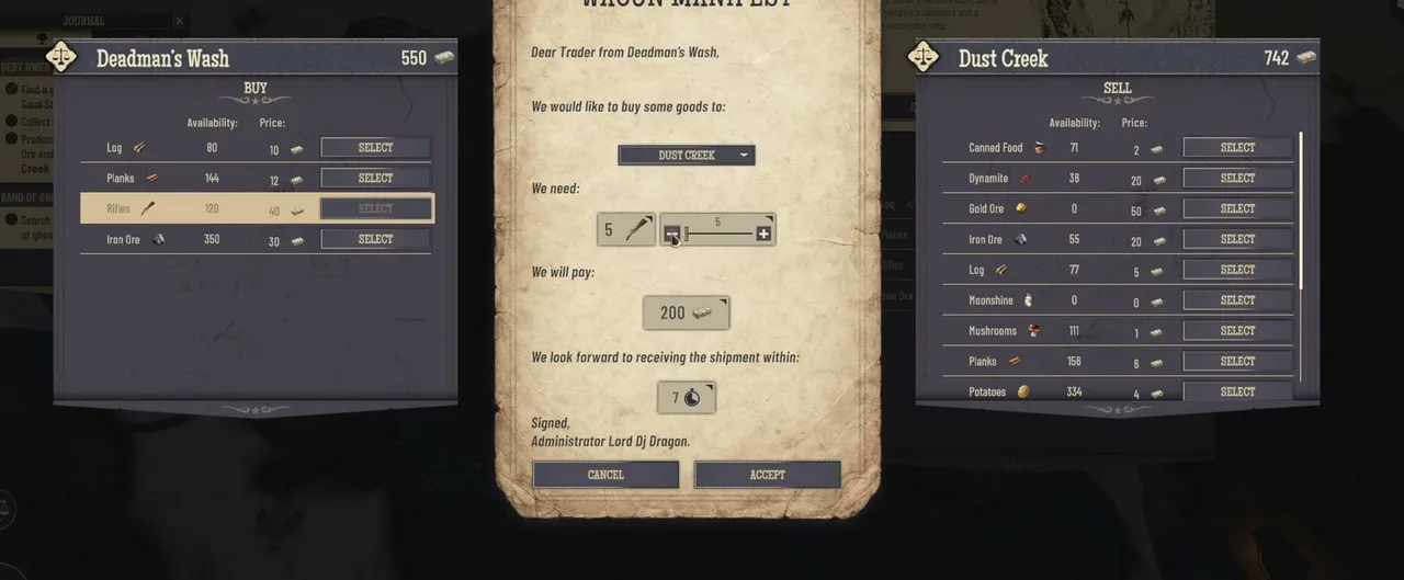 Wagon Manifest buying 5 rifles from Deadman's Wash for 200; Deadman's Wash lists Log 10, Planks 12, Rifles 40 and Iron Ore 30 with 550 cash, and Dust Creek's sell list shows Moonshine at 0
