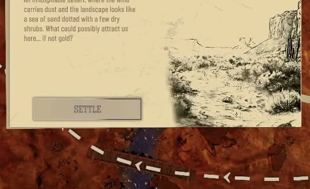 World map card for Sand Storm describing a dusty desert, with a Settle button, over a red desert map