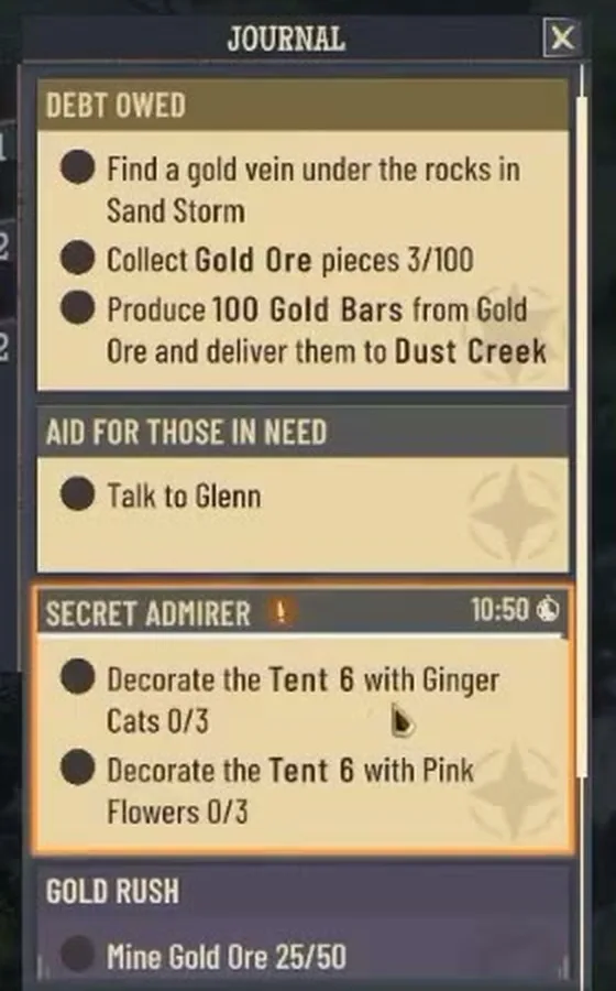 Journal with Debt Owed, Aid for Those in Need and Secret Admirer, asking to decorate Tent 6 with ginger cats and pink flowers
