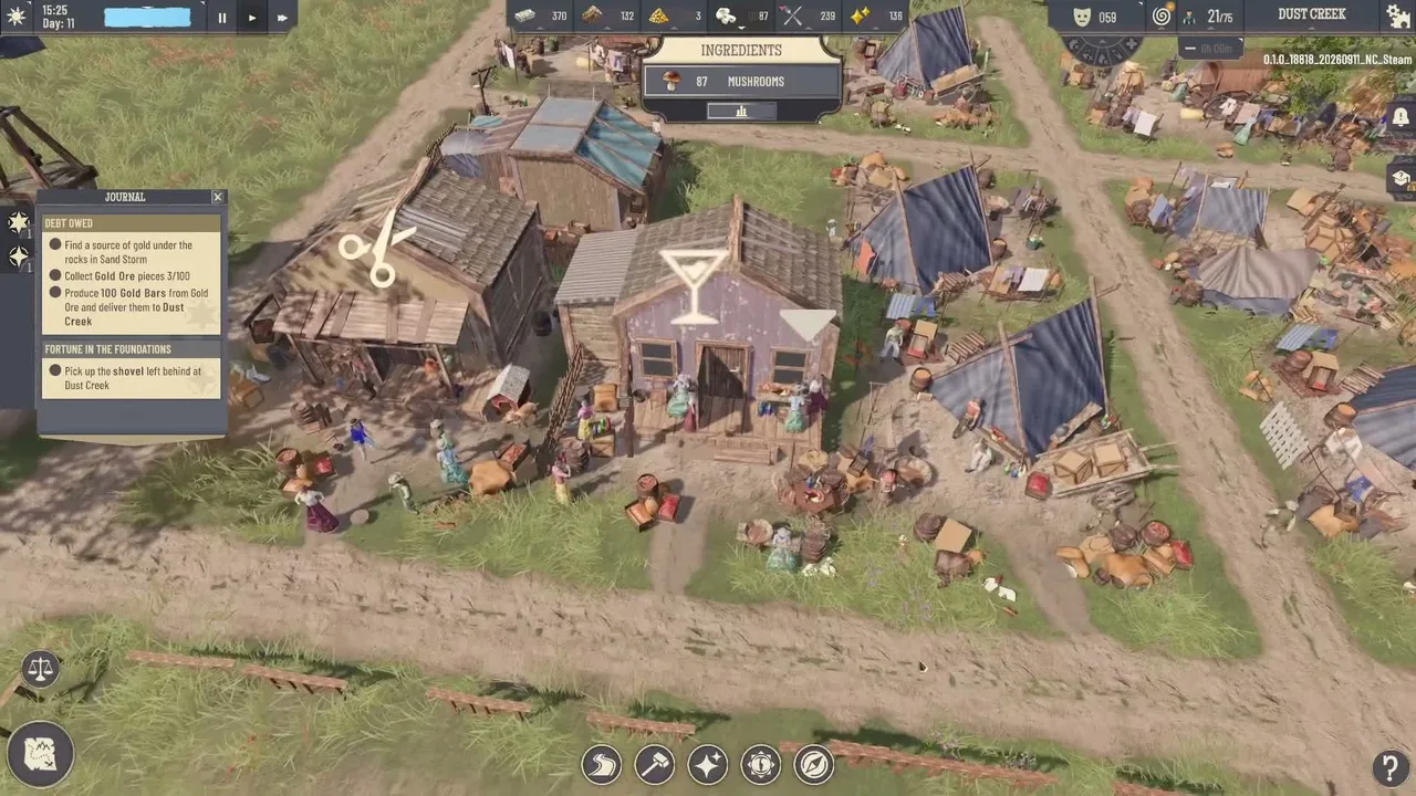 The in-game Journal over Dust Creek, listing Debt Owed and Fortune in the Foundations objectives