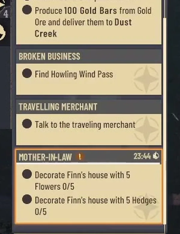 Journal listing Broken Business, Travelling Merchant and Mother-in-Law with their objectives and a timer