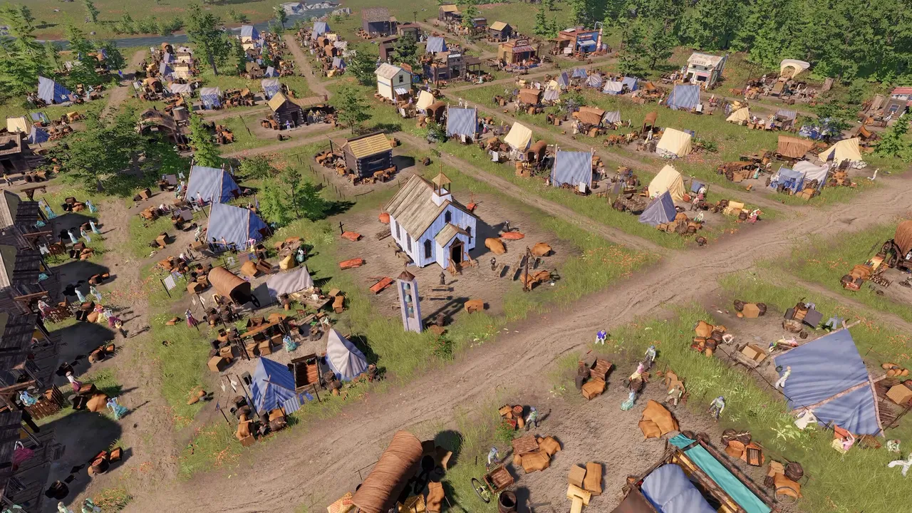 Rows of canvas tents and wooden shacks around a small white church in a frontier settlement