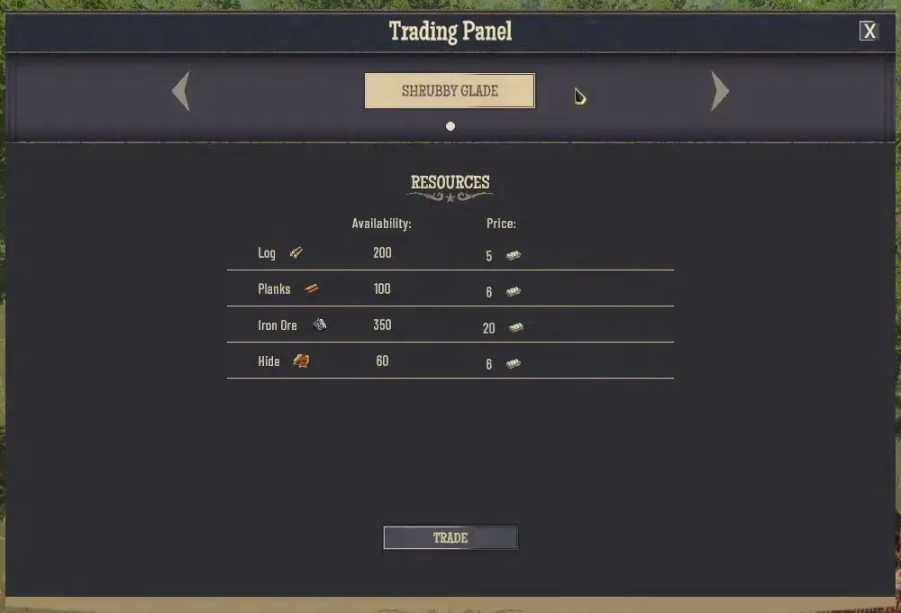 Trading Panel with Shrubby Glade selected between two arrows, listing Log, Planks, Iron Ore and Hide with availability and price, and a Trade button