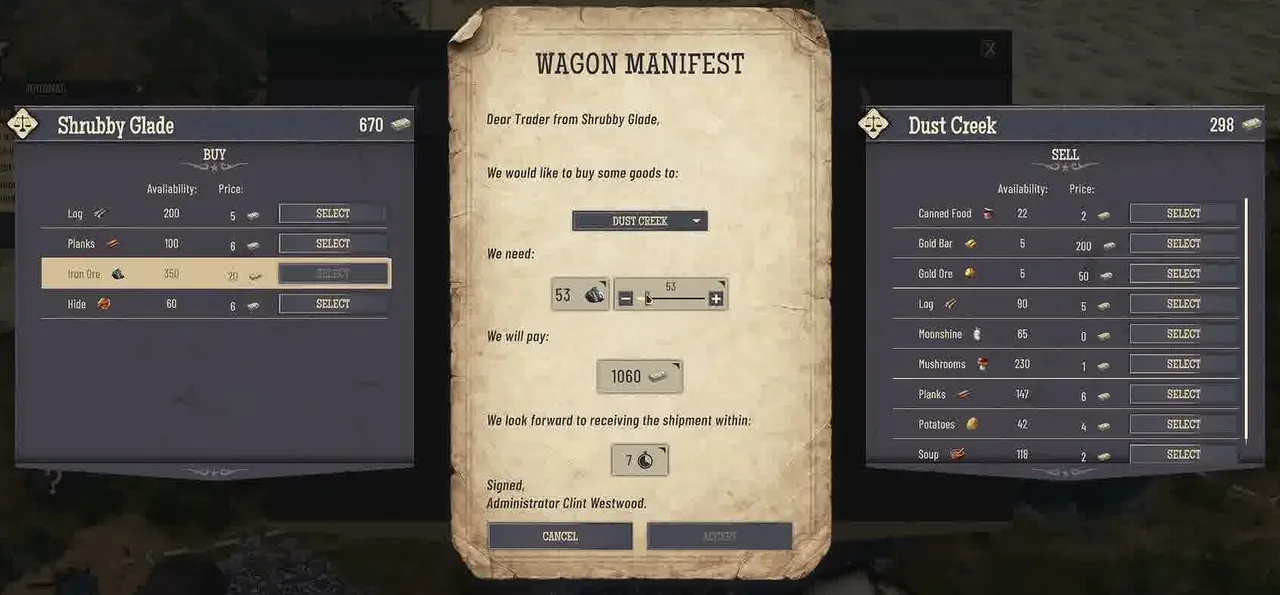 Trade screen with a Shrubby Glade buy list, a Wagon Manifest ordering 53 iron ore for 1060, and a Dust Creek sell list