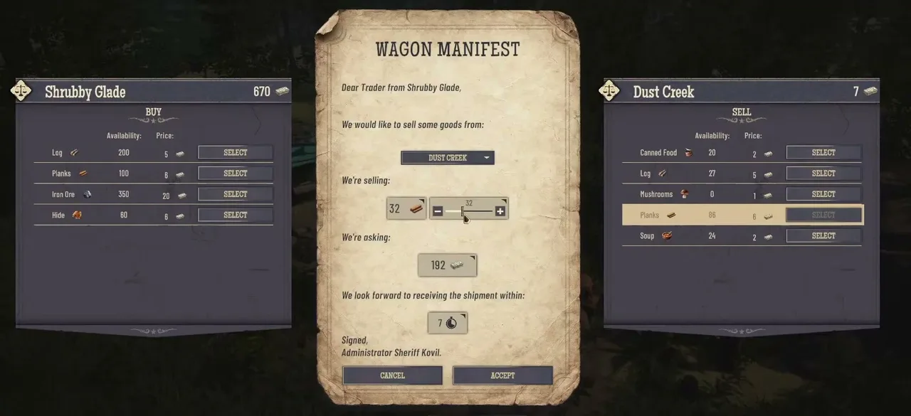Wagon Manifest selling 32 planks from Dust Creek to Shrubby Glade for 192 with a delivery time of 7; Shrubby Glade's list shows 670 cash and Dust Creek's sell list is on the right