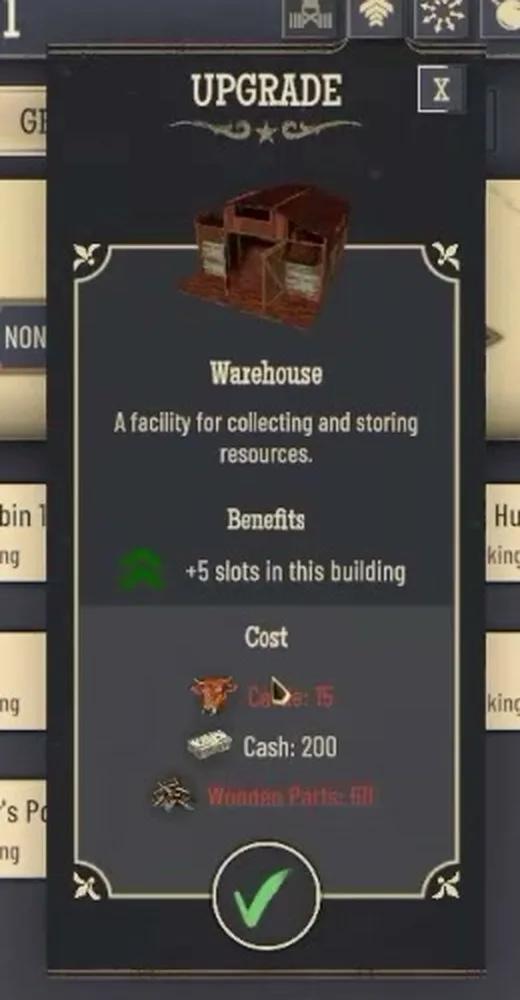 Warehouse upgrade card: benefit +5 slots in this building, cost cattle 15, cash 200 and wooden parts