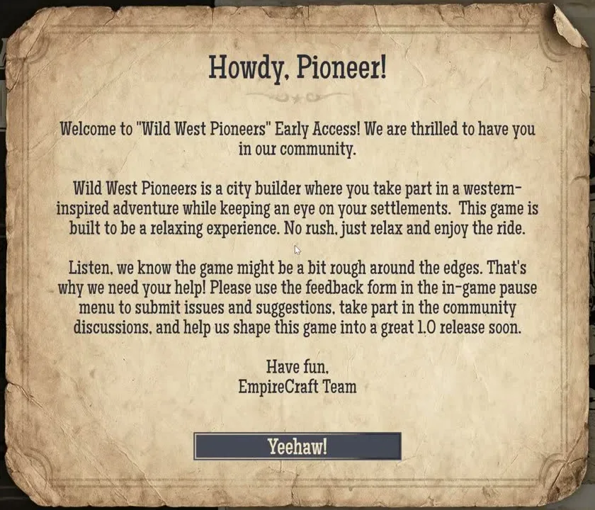 Welcome letter titled Howdy, Pioneer! over the main menu, signed EmpireCraft Team