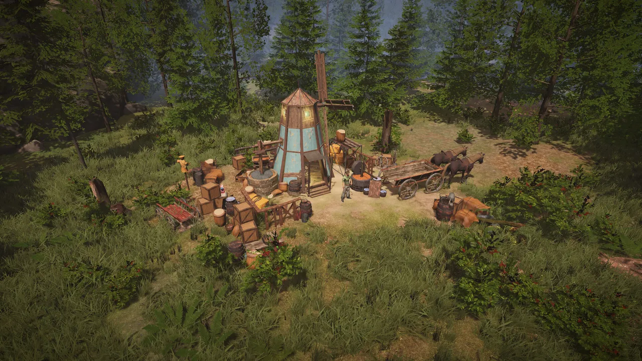 A windmill-style building in a forest clearing with barrels, crates and a horse-drawn cart