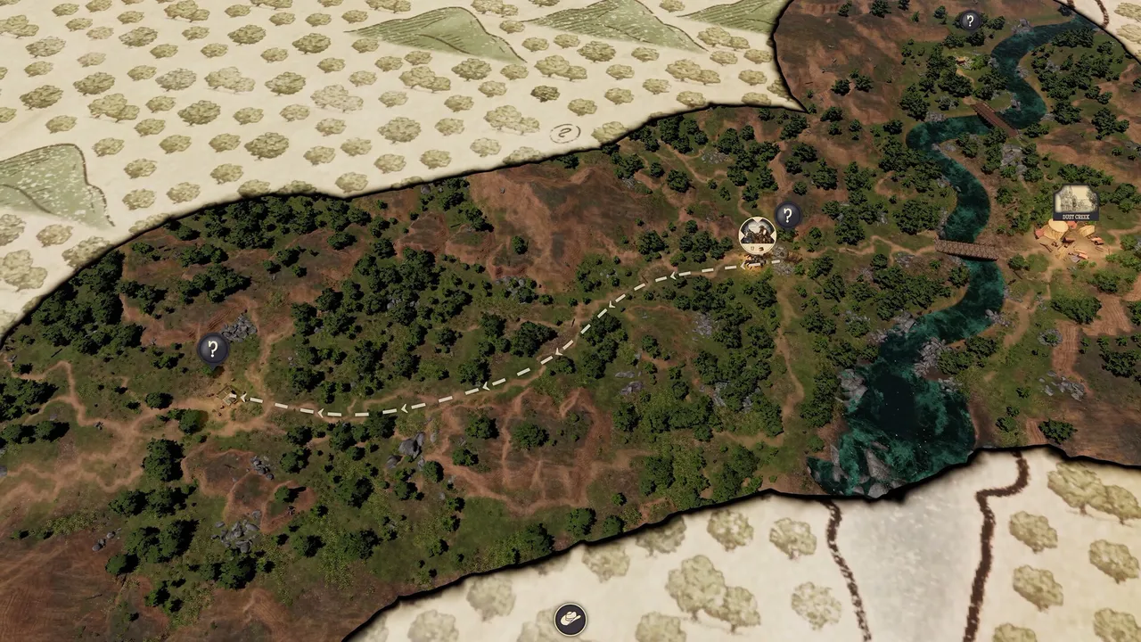 A strategic map with a dashed trail running through forest, framed by parchment edges